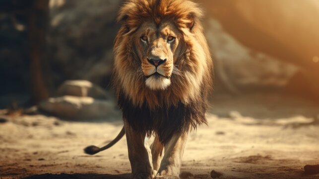 A large lion is seen walking across a dirt field. This image can be used to depict wildlife, nature, or animal behavior