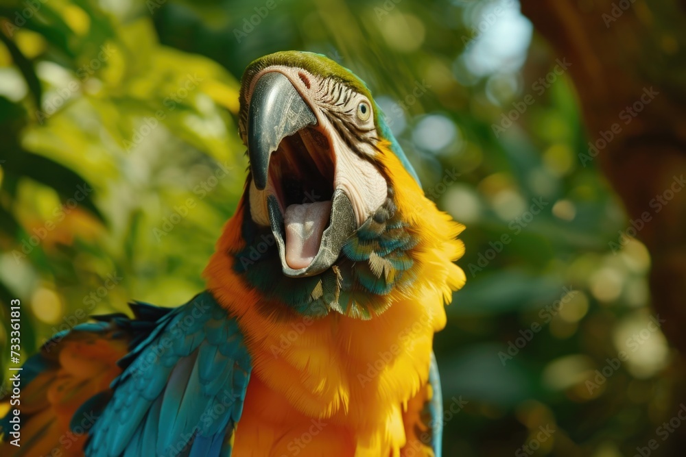 Aufkleber A vibrant parrot with its mouth wide open. This image can be used to depict the beauty of nature or to add a pop of color to any design