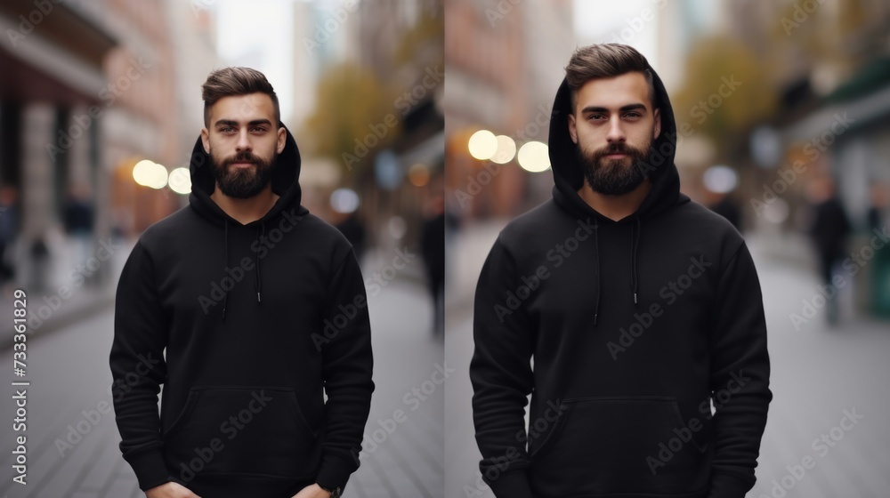 Poster a picture of a man with a beard wearing a hoodie. suitable for various applications