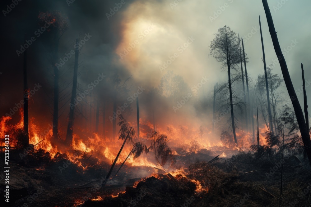Poster a fire burning in the middle of a forest. suitable for environmental and disaster-related themes