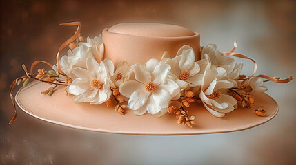  Pale peach color hat decorated with white magnolias. Four seasons concept. Spring.