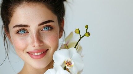 Portrait of a smiling young woman with a white orchid. fresh, natural beauty style. perfect for wellness and cosmetics. AI
