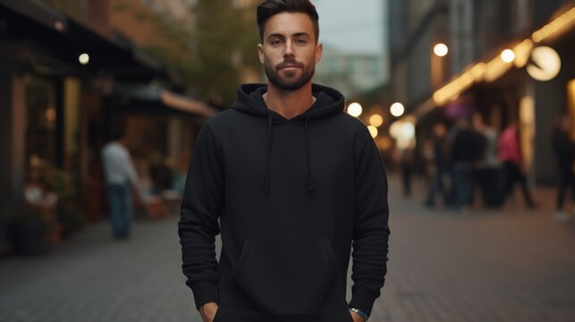A man wearing a black hoodie stands on a city street. This image can be used to depict urban fashion or street style
