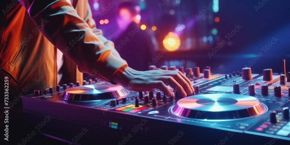 Poster a dj is mixing a track in a lively nightclub. this image can be used to showcase the energy and exci