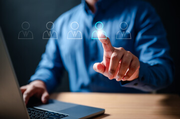 connection, network, social, communication, human, employee, group, recruitment, community, strategy. businessman touching virtual human icon for business management by using social media technology.