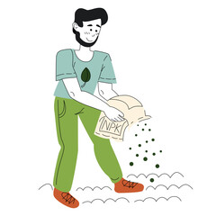 Male gardener sprinkles fertilizers, fertilizes the soil inorganic fertilizer. Flat colored vector illustration isolated on white background.
