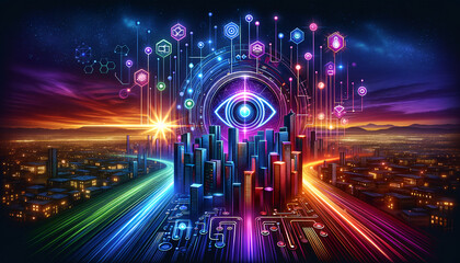 Futuristic OpenCV emblem with vibrant colors and holographic symbols.