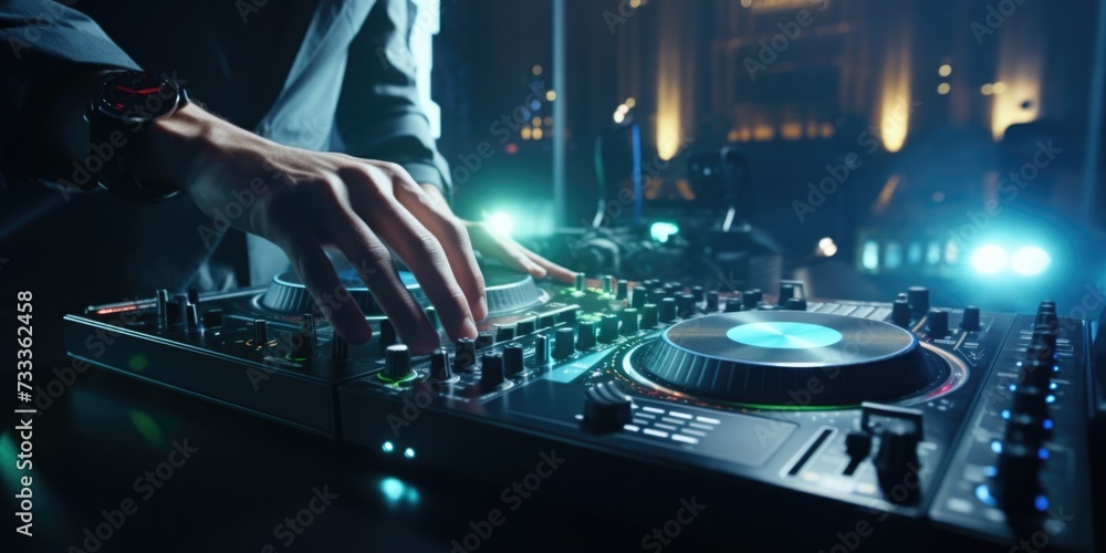 Poster a dj is seen mixing a track in a dark room. this image can be used to depict a dj's work in a nightc