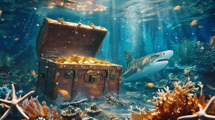 Open pirate chest on sea bottom with golden coins treasure wallpaper background
