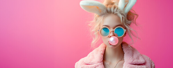 A fashionable young woman with bunny ears blowing a bubble gum bubble, in a stylish pink jacket on teal background. Happy Easter concept