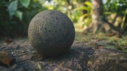 A stone ball sitting on top of a pile of rocks. This image can be used to depict stability, balance, or a unique object in nature