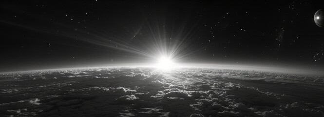 A black and white photo capturing the beauty of the sun rising over the earth. Perfect for depicting the beginning of a new day or symbolizing hope and inspiration. Ideal for various uses