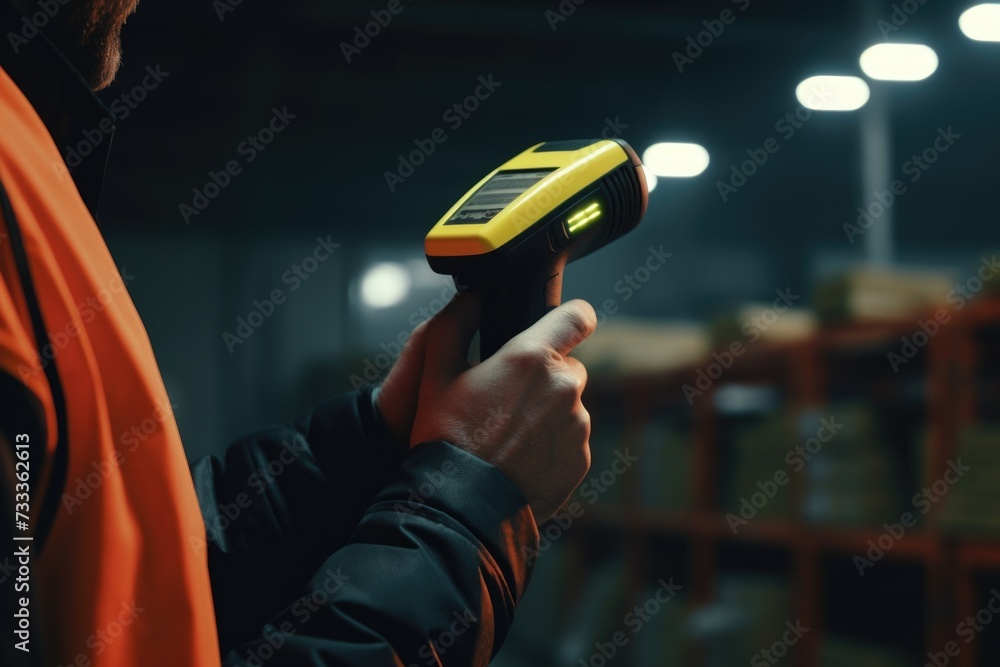 Poster a man in an orange vest holding a handheld scanner. this image can be used for inventory management,