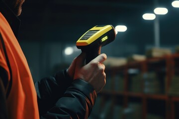 A man in an orange vest holding a handheld scanner. This image can be used for inventory management, logistics, or warehouse operations - obrazy, fototapety, plakaty