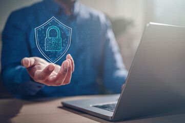 dashboard, security, technology, network, futuristic, interface, innovation, future, control, smart. businessman holds security symbol. concept of cyber security, data protection and against virus.