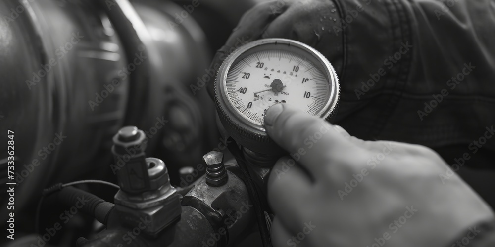 Poster a detailed close-up of a person holding a gauge. this image can be used to illustrate precision, mea