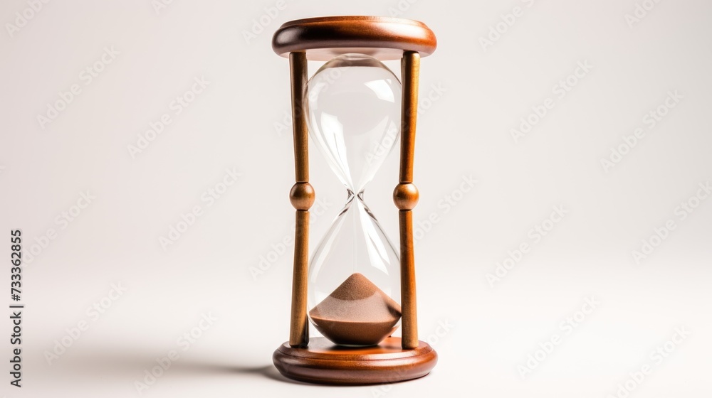 Poster a wooden hourglass with sand flowing smoothly through its narrow passage. ideal for time management 