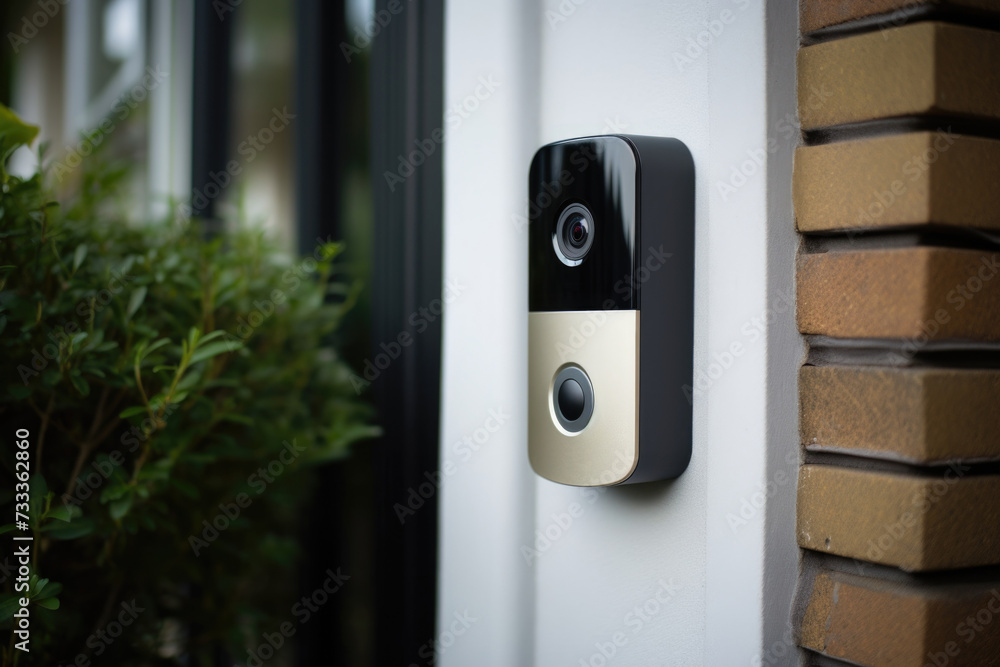 Poster a camera mounted on the side of a building, providing a high vantage point for surveillance. ideal f
