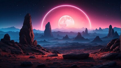 Abstract neon background with geometric shape, Beautiful frame and extraterrestrial landscape under the night sky 