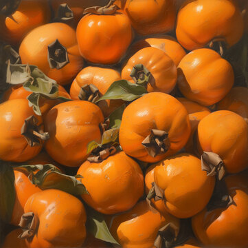 Tas de kakis sur un étal de marché. Récolte de kakis frais et bien oranges en hiver pour faire le plein de vitamines