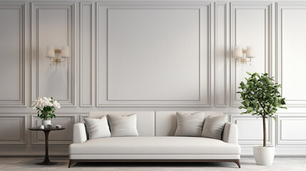 Decorative backdrop of a room at home, office and hotel. Modern interior design sofa and bright modern interior details on the background of a white classic wall