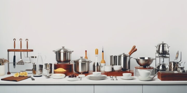A table filled with a variety of kitchen utensils. Perfect for showcasing culinary tools and equipment. Ideal for cooking blogs, recipe books, and kitchenware advertisements