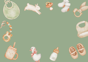 Gender neutral frame border from baby shower watercolor elements (baby toys, pacifier, baby bottle, socks, baby shoes and other), hand painted on a green background