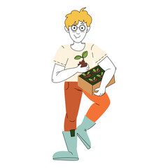 Gardening on the farm. A young man works in the garden, a farmer carries a box of seedlings. Flat colored vector illustration isolated on white background.