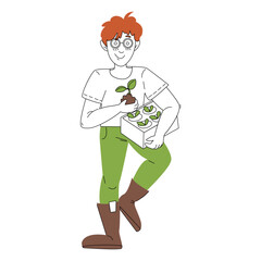 Gardening on the farm. A young man works in the garden, a farmer carries a box of seedlings. Flat colored vector illustration isolated on white background.