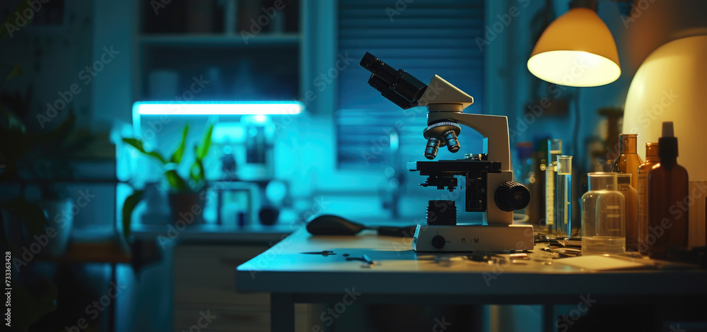 Aufkleber A microscope is placed on top of a table next to a lamp. This image can be used to illustrate scientific research, laboratory experiments, or education-related topics