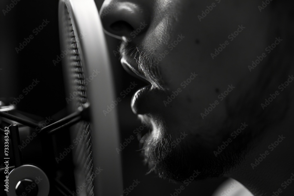 Poster close-up shot of a person standing in front of a microphone. versatile image suitable for various pu