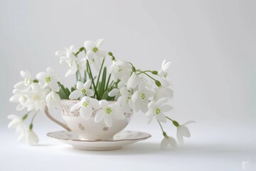 Tea cup filled with white flowers on top of a table. Perfect for home decor or floral arrangements