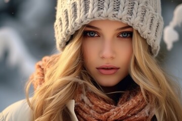 A woman wearing a hat and scarf in the snow. Ideal for winter fashion and cold weather concepts