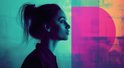 Graphic of a girl with depression in the style of color-blocked shapes