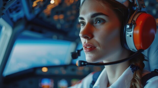A woman is pictured wearing a headset in a cockpit. This image can be used to depict a pilot or aviation-related themes