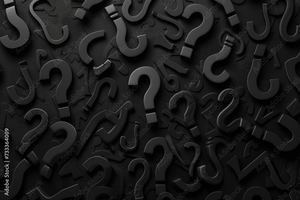 Poster Black question marks scattered on a black surface. Suitable for illustrating uncertainty and unanswered questions.