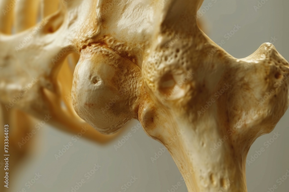Poster a detailed close-up of a human skeleton with a bone. this image can be used for educational purposes