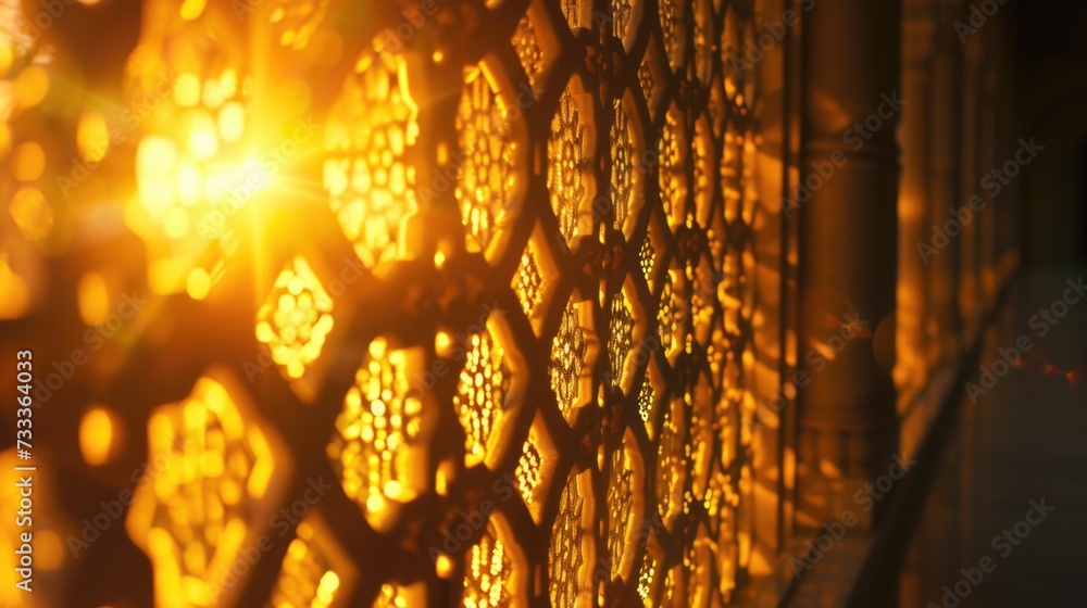 Poster Sunlight streaming through a beautifully patterned latticed window. Perfect for adding a touch of warmth and elegance to any space