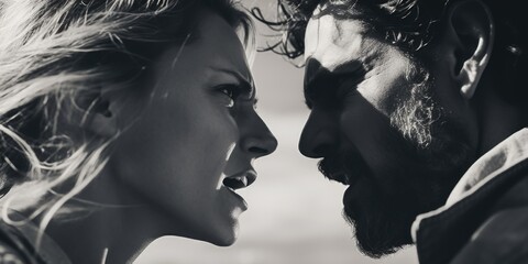 Fototapeta premium A picture of a man and a woman engaged in a meaningful gaze. Perfect for conveying love, connection, and relationships. Ideal for use in advertising, social media, and relationship-themed content