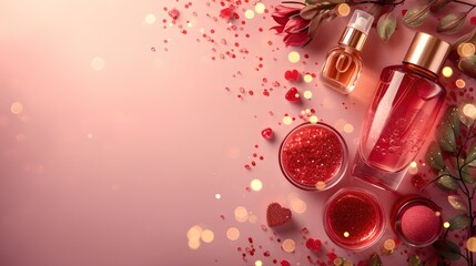 Luxury beauty products on pink background for valentine's day. elegant cosmetics and perfume, romantic style. gift ideas for her. AI