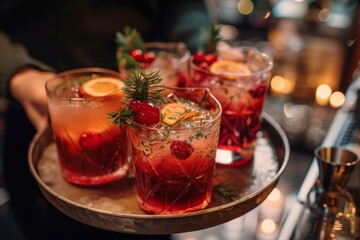 A vibrant array of drinks, including a classic red russian and refreshing cranberry punsch, adorn a sleek bar table with an assortment of barware and stemware, inviting the viewer to indulge in a sop
