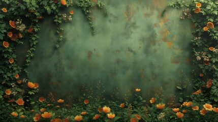 Backdrop z teksturą ściany i ramką pomarańczowych kwiatów z bujną zielenią - obrazy, fototapety, plakaty