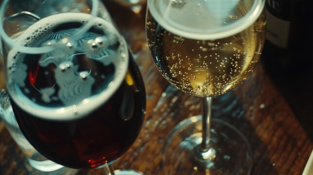 Close-up of two glasses of wine on a table. Perfect for wine tastings and romantic dinner settings