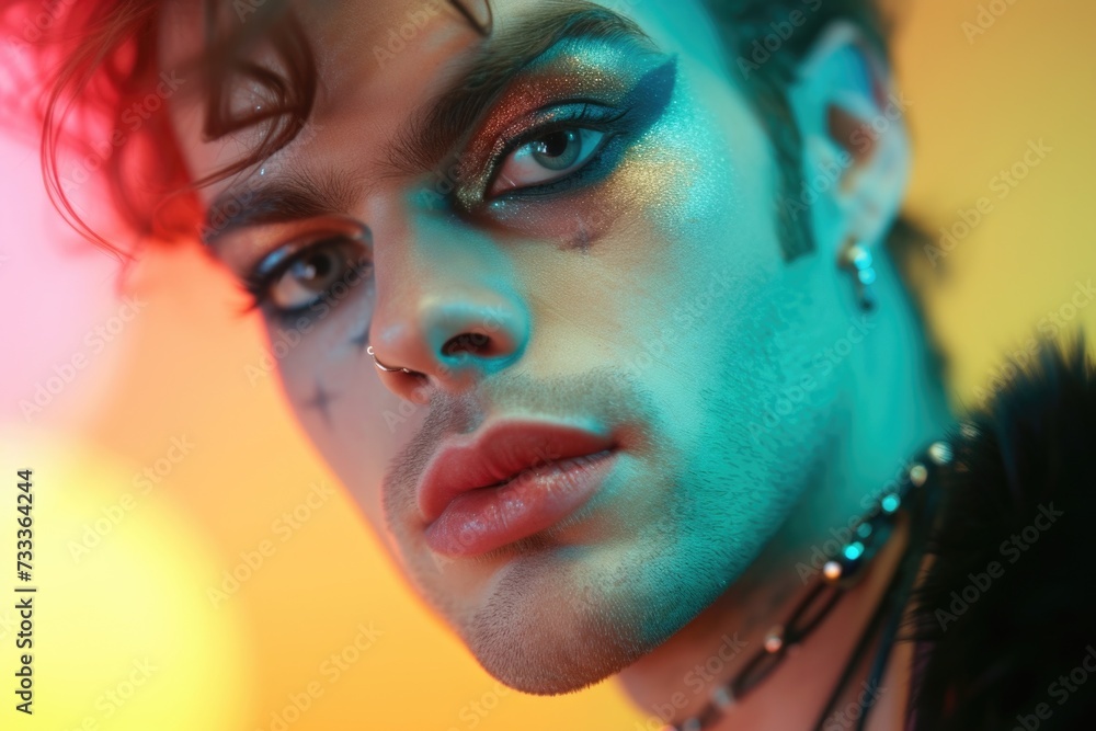 Poster a detailed view of a person with unique makeup and piercings. this image can be used for artistic or
