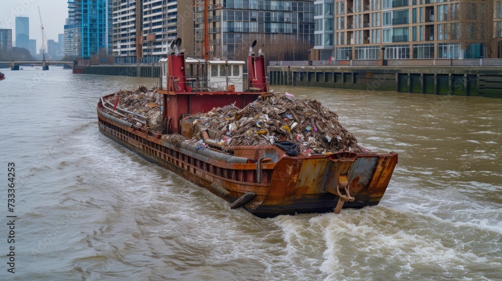Aufkleber A large boat filled with an excessive amount of trash floating in the water. Perfect for environmental and pollution-related themes