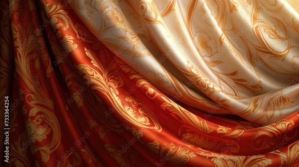 Poster a detailed view of a red and gold curtain. perfect for adding a touch of elegance to any interior de