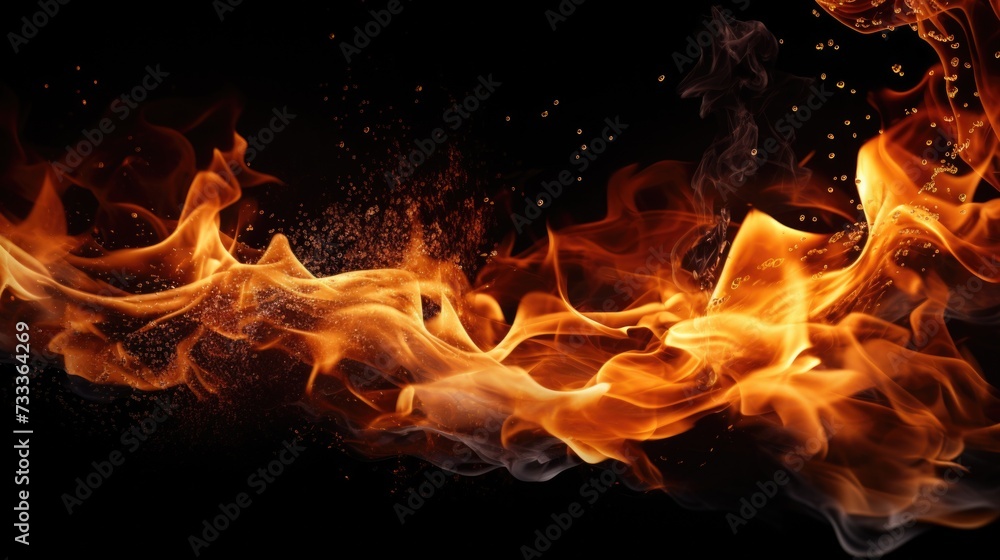 Poster A close-up view of a fire on a black background. This image can be used to add a fiery and intense atmosphere to various projects