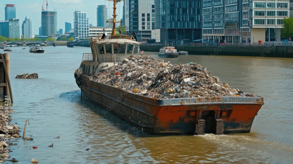 Poster a large boat filled with an abundance of trash floating on the water. suitable for illustrating poll