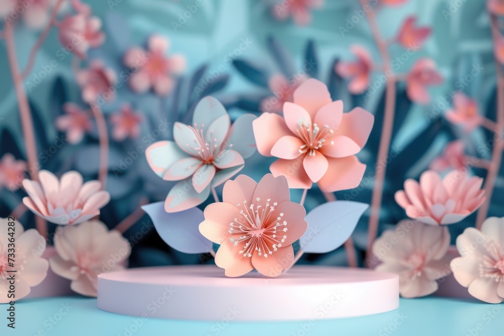 Poster Colorful paper flowers arranged on a pedestal. Perfect for adding a pop of color to any event or decoration