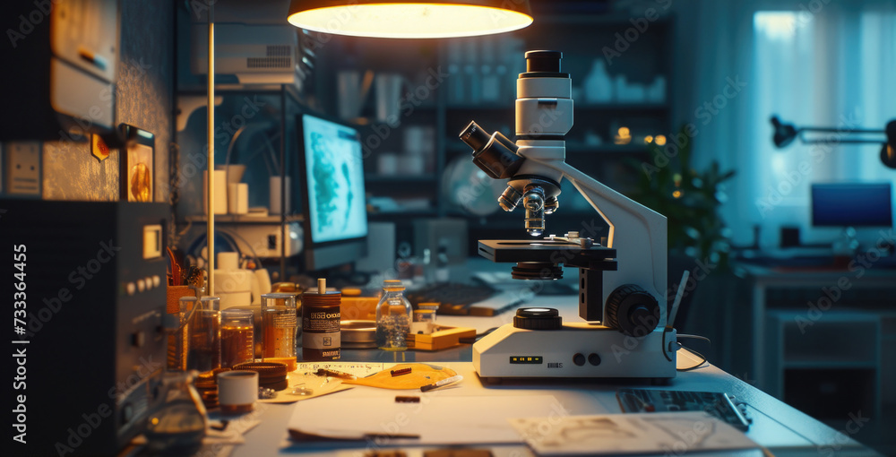 Poster a microscope sitting on top of a desk next to a computer. suitable for scientific research and educa